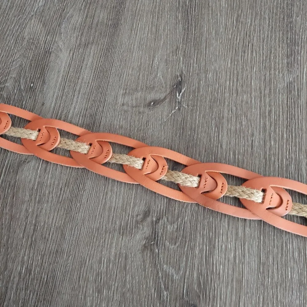 Linea Pelle Leather Link Jute Hip Sling Belt Sz S Orange Cream Ring Buckle Boho